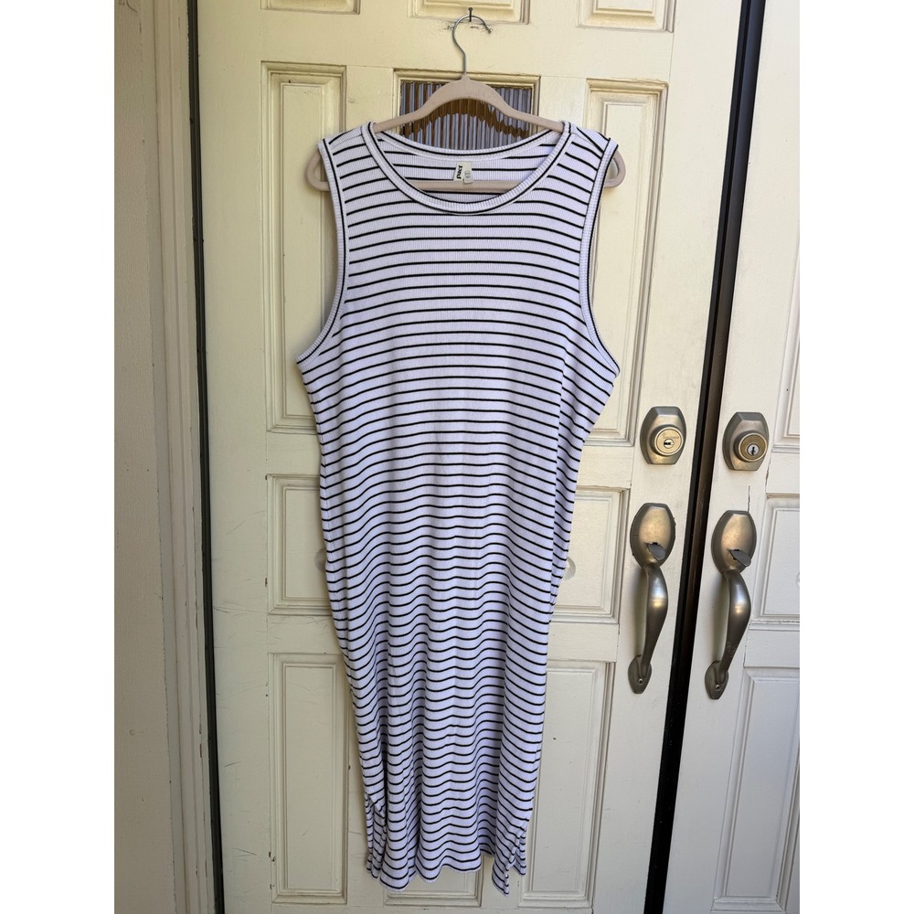 Pact‎ Organic Cotton Ribbed Striped Racerback Midi Tank Dress White Size XXL